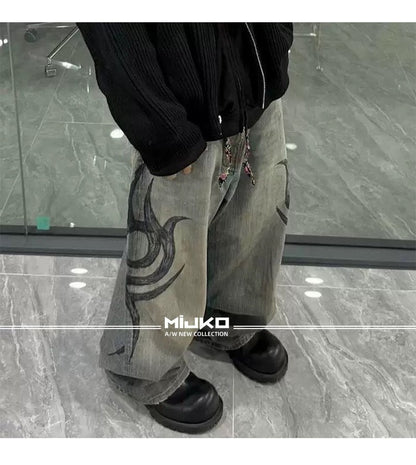 MIJKO New Retro Dragon Pattern Totem Print Bamboo Baggy Drawstring Washed Jeans For Men Women Denim Pants ZJ083