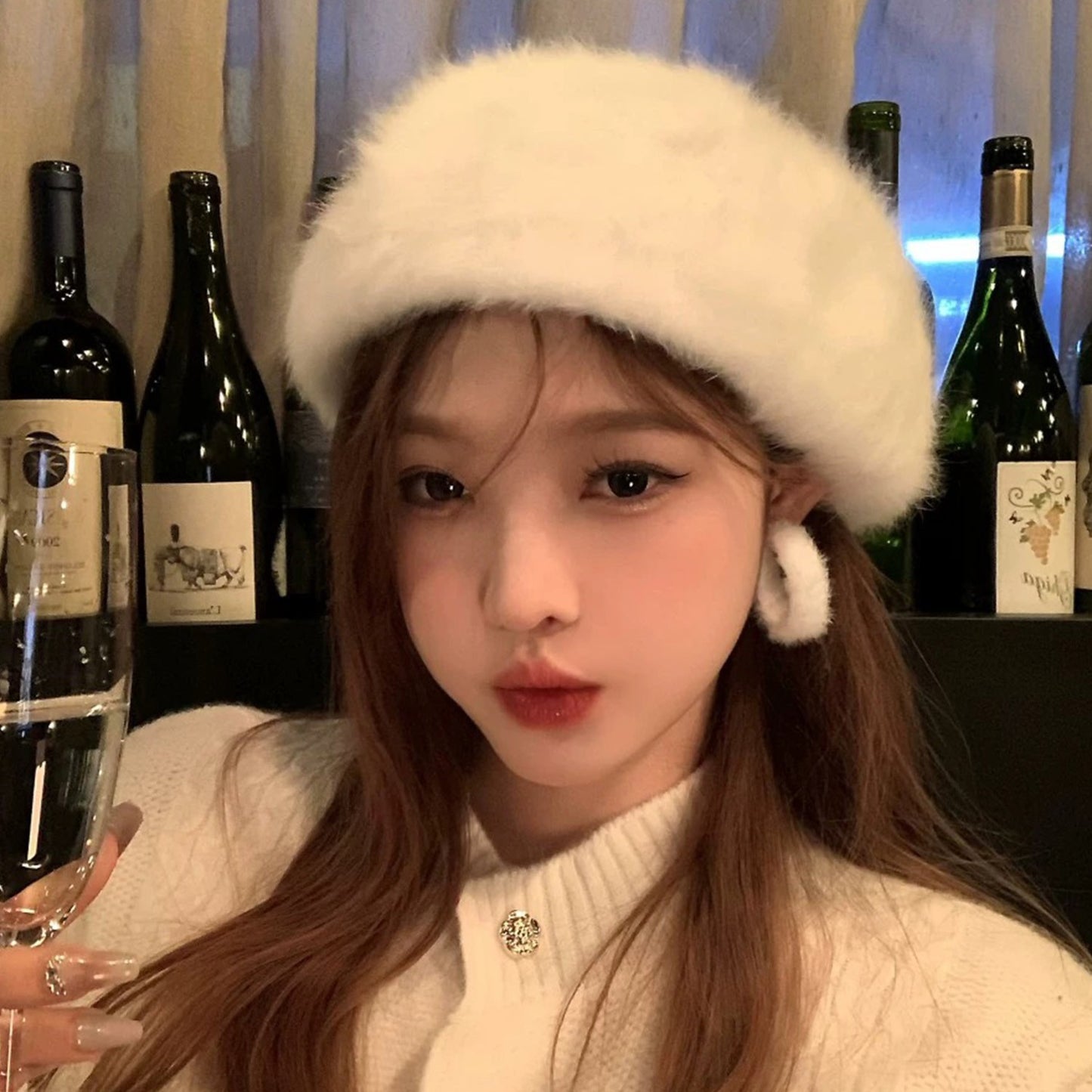 Sweet Faux Rabbit Fur Beret Hat Women Autumn Winter Thicken Keep Warm Furry Flush Artist Flat Cap Solid Color Painter Hats
