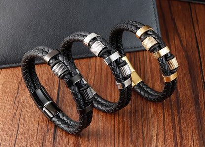 Pulseira de corda trançada charmosa para homens, fecho magnético de aço inoxidável, pulseiras e braceletes de couro legítimo, joias masculinas e femininas