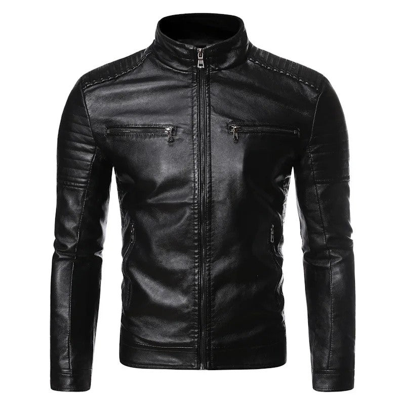 Spring Autumn Thin Men's Stand Collar Stripe Double Zipper PU Leather Jacket Large Size Motorcycle Leather Coat Casual Wear