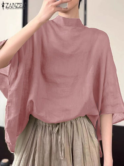 ZANZEA Women Bat Half Sleeve Blouse Summer Asymmetrical Tops 2024 Thin Stand Collar Tunic Casual Loose Transparent Tops Oversize
