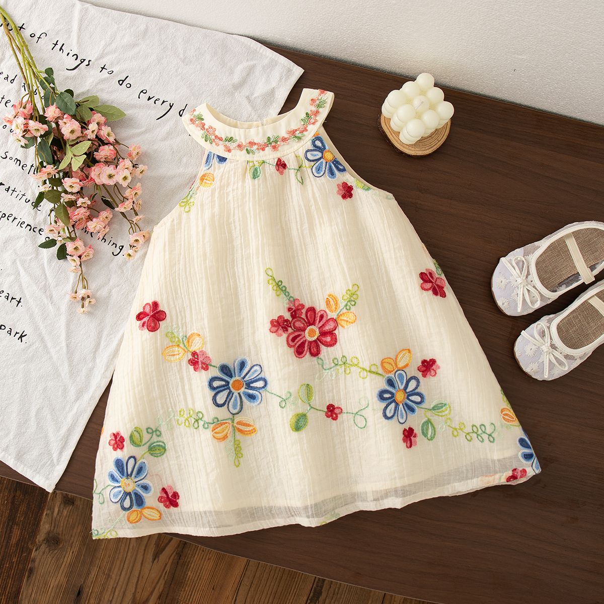 Baby Girl Dresses Summer Flower Embroidery Cotton Neck Girls Dresses Cute Girls Beach Dresses Baby Girl Clothes