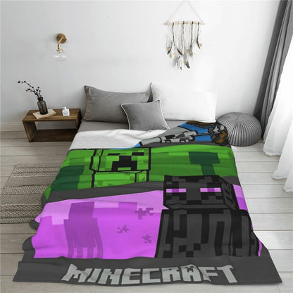 Cartoon Mines Pixel Game Crafts Flannel Blanket Super Warm Throw Blanket for Home Decor Decorative Street Trend Bedspread