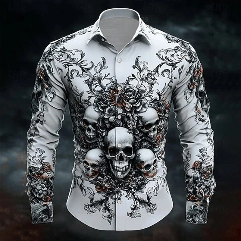 Men's Skull Day of the Dead Rose Shirt Casual Formal Button Shirt Long Sleeve Dark Punk Gothic Style Holiday Lapel Shirt White
