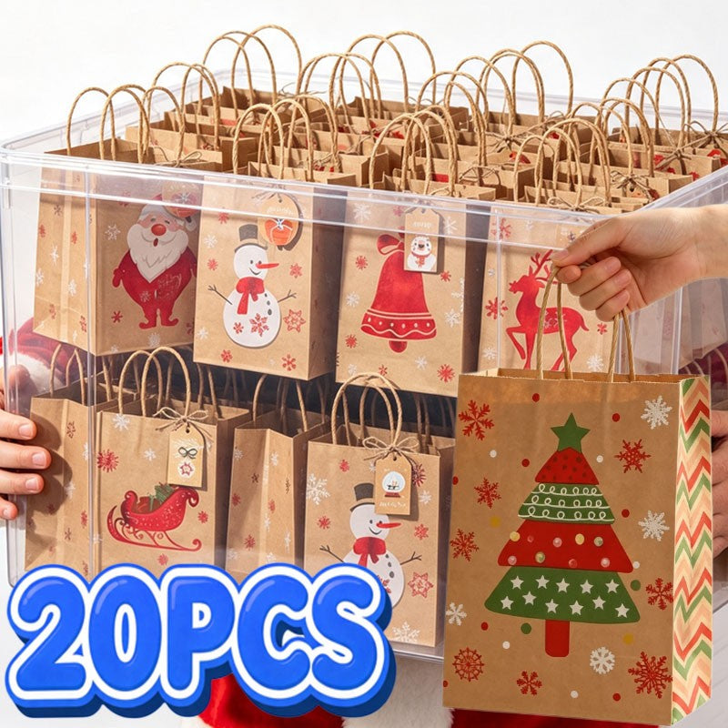 Christmas Kraft Gift Bags with Handles Snowman Santa Tree Designs Geometric Pattern Paper Tote Bags Party Xmas Decoration