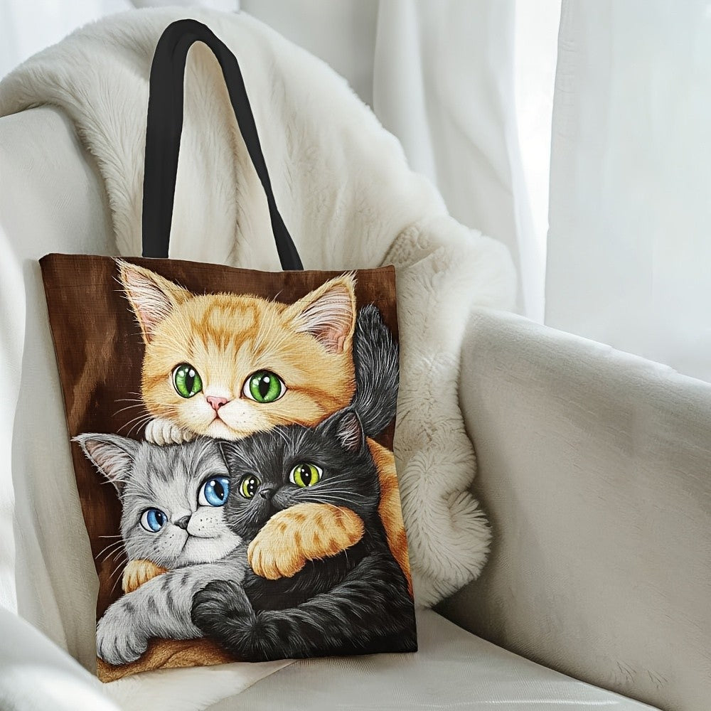 Cute Snuggling Kittens Tote Bag Durable Polyester Foldable Reusable Shopping Bag with Colorful Cat Large Capacity Handbag