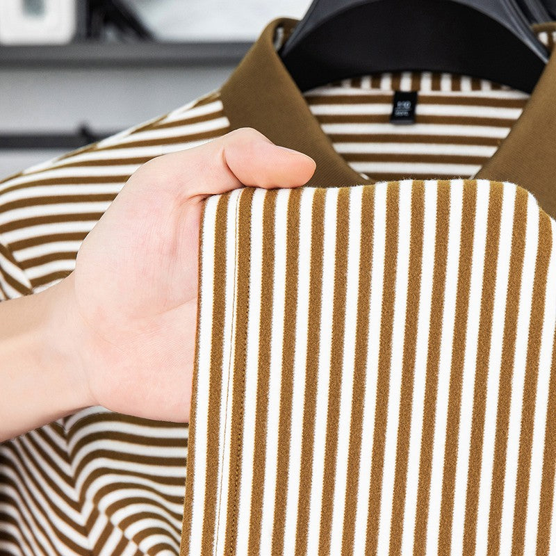 Men's Long Sleeved T-shirt, Youth Lapel T-shirt, Autumn Clothes Striped Polo Shirt Double-sided German Velvet 2025 New Trend Top