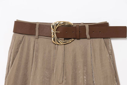 HH Women New Fashion Solid Belt Wrinkles Decorate Casual Loose Trousers Female Chic Zipper Side Pocket Slim Wide Leg Pants