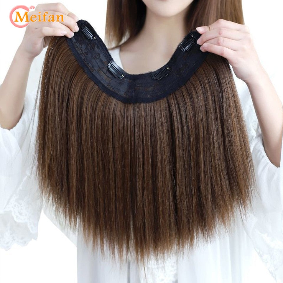 MEIFAN Peruca Sintética Longa e Lisa em U com Meia Cabeça para Mulheres, Clipes Pretos e Castanhos em Extensão de Cabelo, Apliques Naturais e Falsos