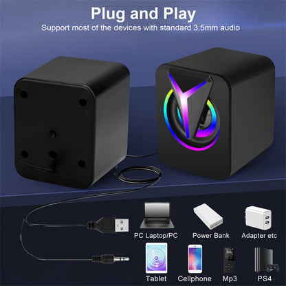 Mini Caixas de Som com Fio USB de 3,5 mm LED RGB Estéreo Bass para PC Notebook Computador de Mesa
