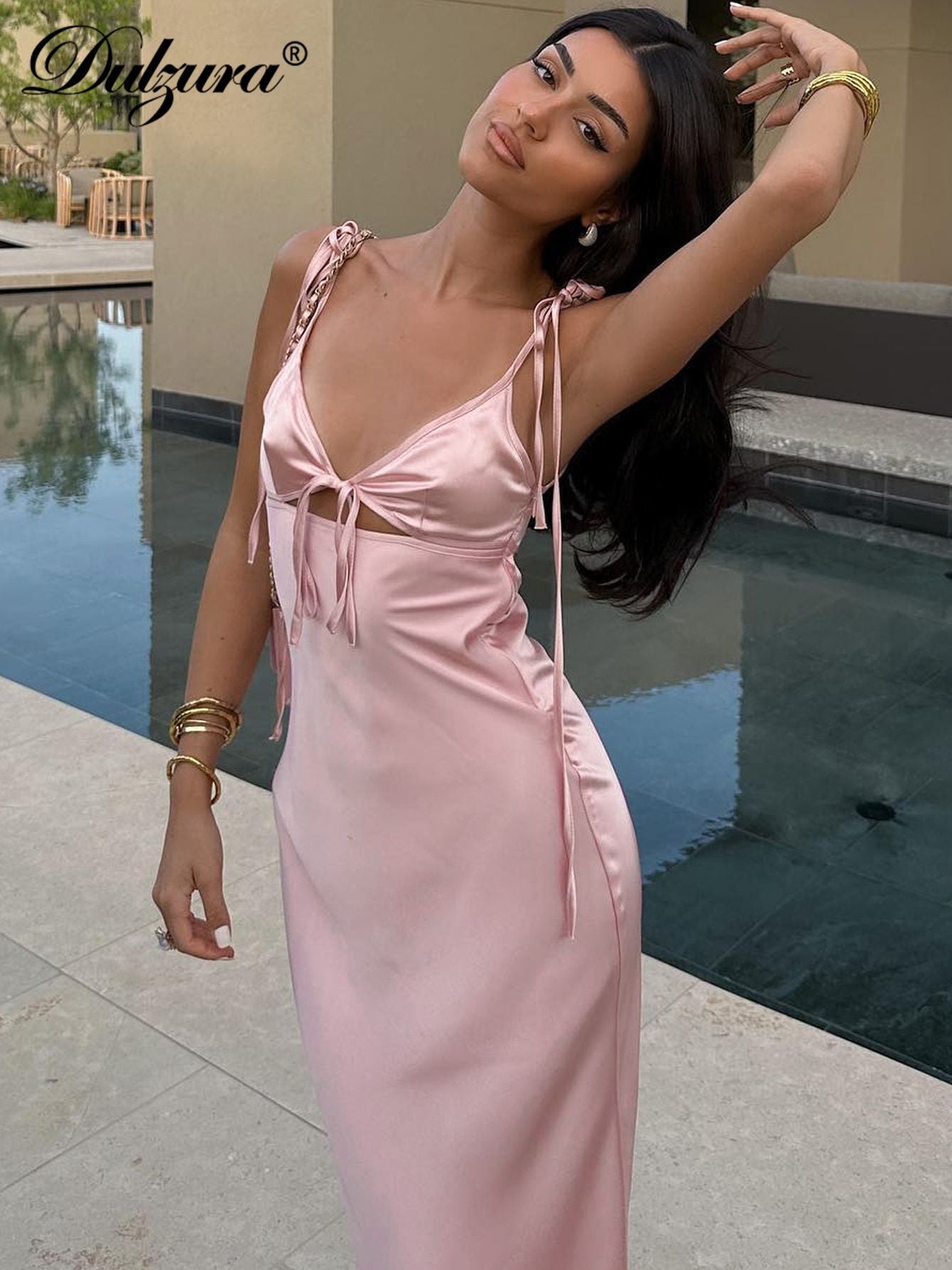 Dulzura Backless Lace Up Spaghetti Straps Cut Out Midi Dress Women Club Holiday