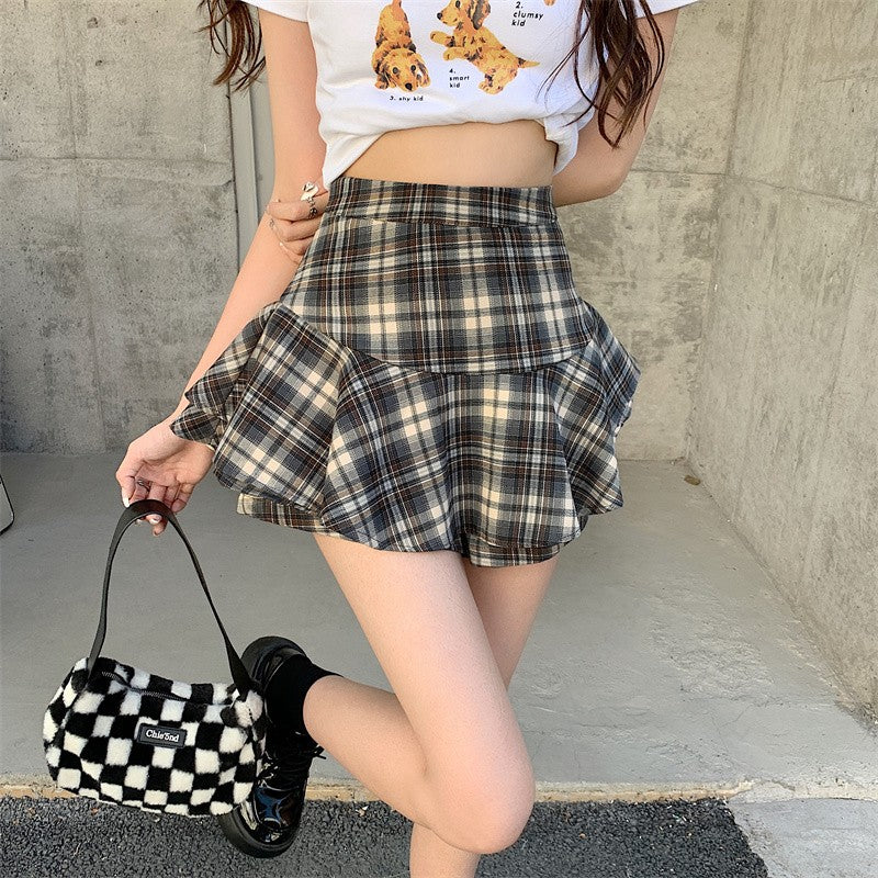 Tiered Mini Skirt Y2K High Waist Tartan Ruffled Plaid Skirt Skort Women Aesthetic Outfit