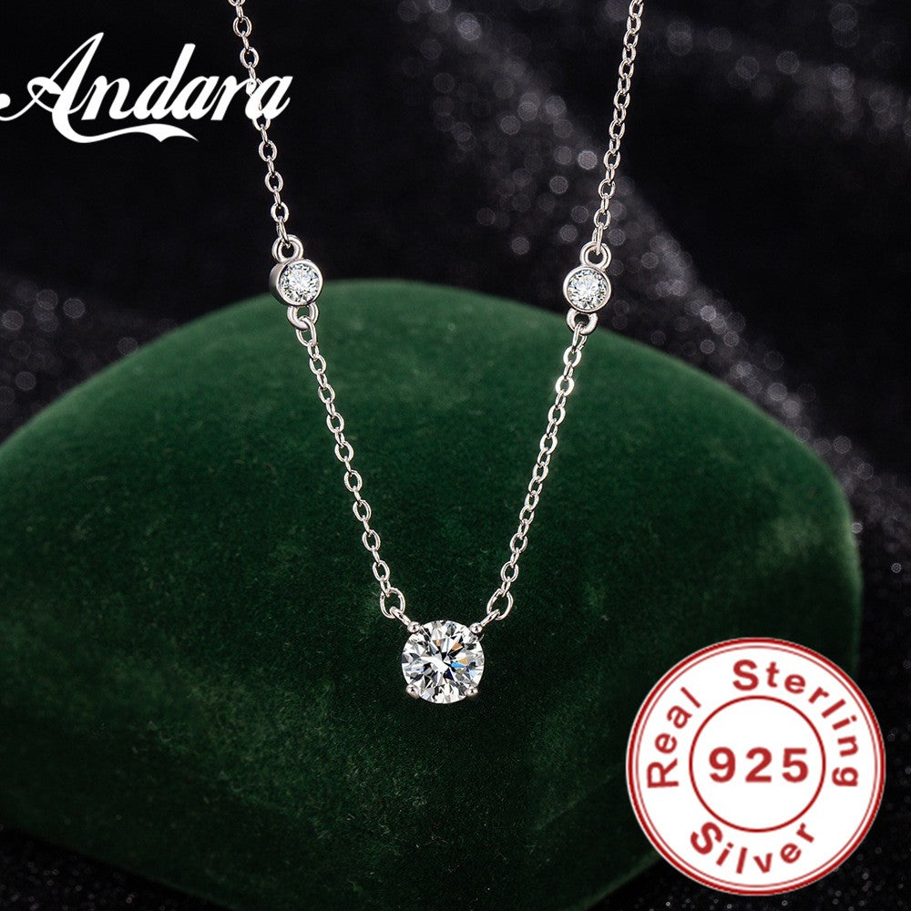 Andara 925 Sterling Silver Necklace Four Claw Zircon Pendant Women'S Elegant Necklace Exquisite Anniversary Party Wedding Gift