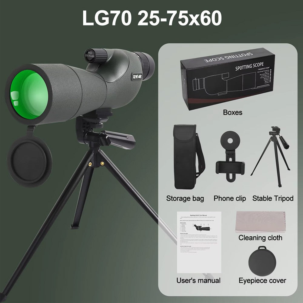 Telescópio Monocular 25-75x60 com Zoom Potente, FMC BAK4, Impermeável, para Observação de Pássaros e Tiro ao Alvo com Tripé