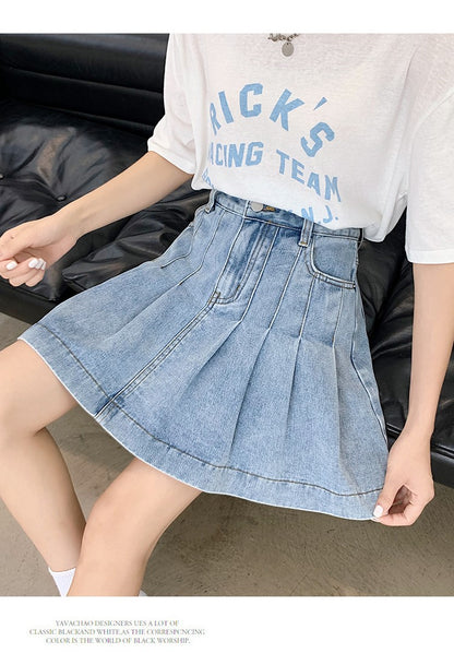New Summer 2024 Plus Size Denim Skirt Women High Waist Pleated Large Size A Line Mini Jean Skirt Women Streetwear Saia Hot Sale