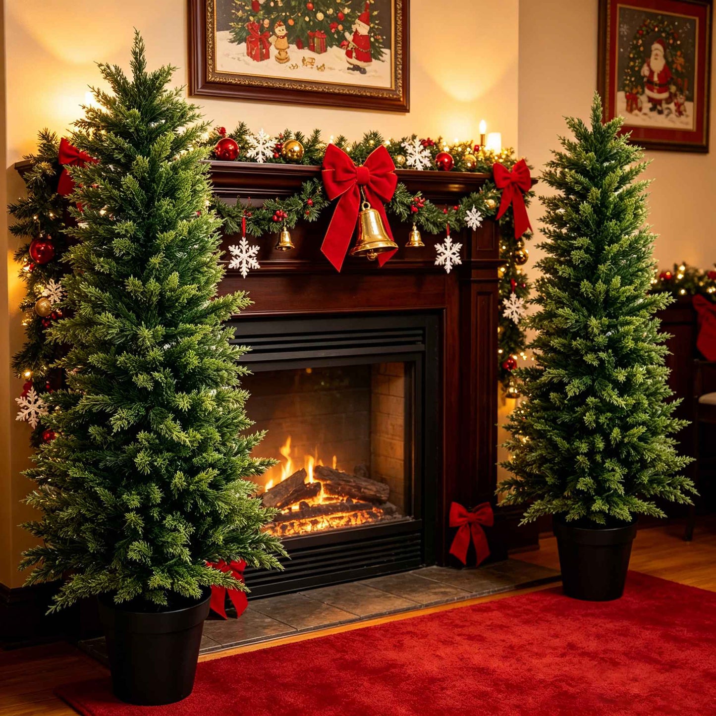2/3/4/5/6FT Artificial Topiary Cedar Trees UV-Resistant Faux Evergreen Outdoor Indoor Plants Black Pot Faux Cedar Topiary Plants Christmas Trees for Front Porch Entryway & Patio Xmas Decor