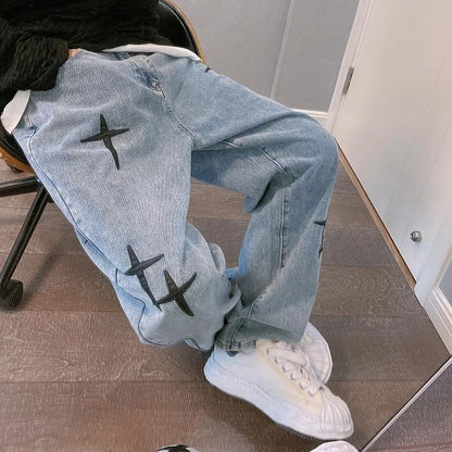 Nova Calça Jeans Masculina Larga Bordada Moda Solta Calça Jeans Streetwear Hip Hop Reta Perna Larga Calça Casual Roupa Masculina