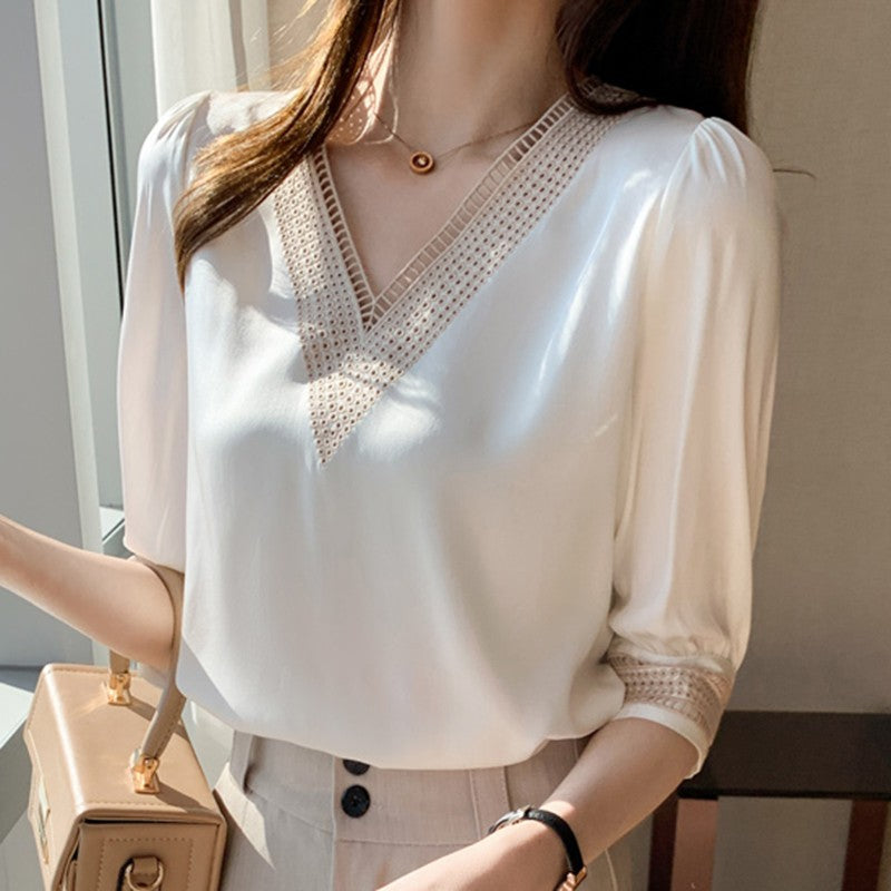 Embroidery Half Sleeve White Lace Women Blouses 2024 Autumn V-Neck Loose Chiffon Tops Shirt Office Lady Elegant Blusas 13366
