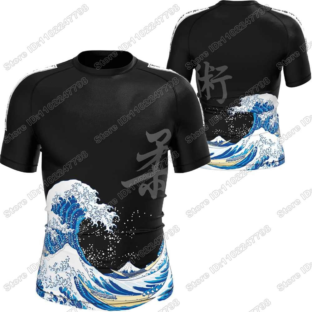 2025 The Great Wave Rash Guard Jiu Jitsu BJJ MMA T-shirt Compression Shirt Short Sleeve Surfing Jersey GYM Fitness Jersey Beach
