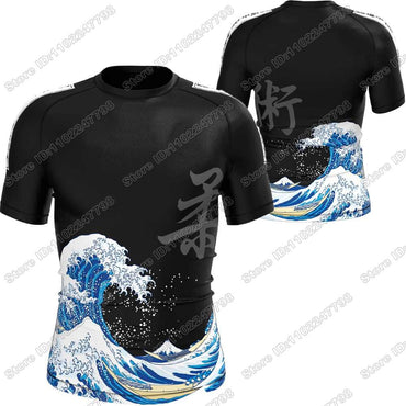 2025 The Great Wave Rash Guard Jiu Jitsu BJJ MMA T-shirt Compression Shirt Short Sleeve Surfing Jersey GYM Fitness Jersey Beach