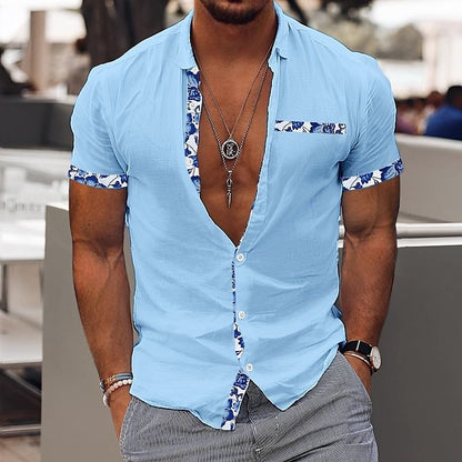 Fashionable Men's Hawaiian Shirt Casual Solid Color Printed Beach Pocket Short Sleeve Large Size 5XL New Style Multi