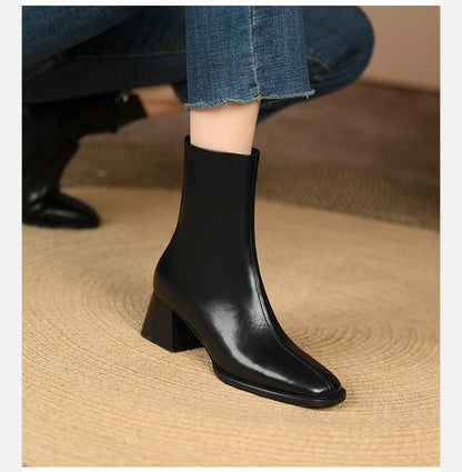 2025 Ankle Boots for Women Leather Square Toe Side Zipper Retro Style Chunky Heels Women Boots Fashion Short Boots Women  D263