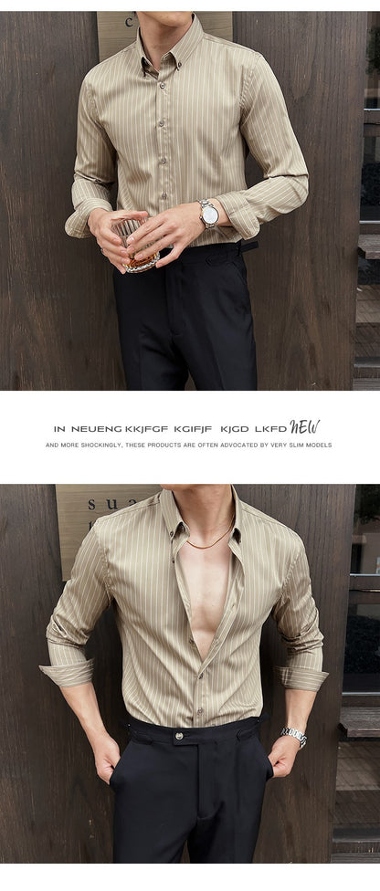 Striped Shirts for Men High-quality 2025 Autumn New Solid Business Casual Long Sleeved Elastic Slim Fit Dress Shirt Men Clothing