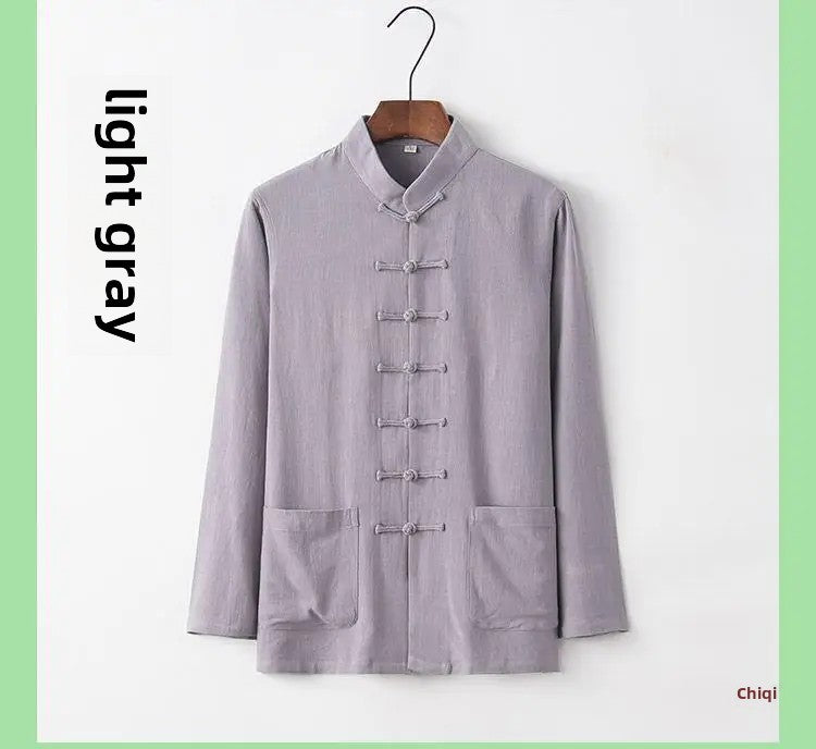 Spring Summer Long Sleeve Thin Men's Shirt Tang Suit Bamboo Cotton Linen Casual Vintage Chinese Style Kung Fu Tai Chi Tea Shirt