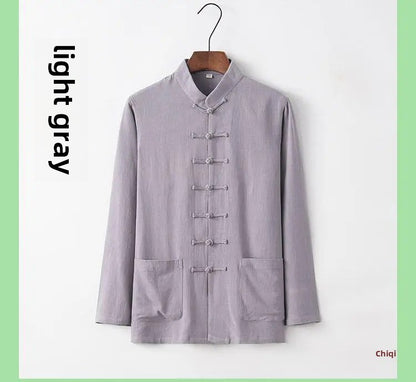 Spring Summer Long Sleeve Thin Men's Shirt Tang Suit Bamboo Cotton Linen Casual Vintage Chinese Style Kung Fu Tai Chi Tea Shirt
