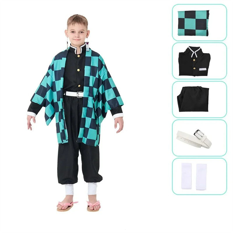 Kids Demon Slayer Corps Kimetsu No Yaiba Cosplay Costume - Kamado Tanjirou Uniform with Anime Cloak Agatsuma Zenitsu Dress-Up Ou