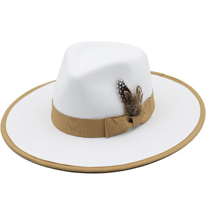 European American Fashion Feather Felt Jazz Hat Flat Wide Brim Bordered Formal Hat for Women and Men Elegant Style