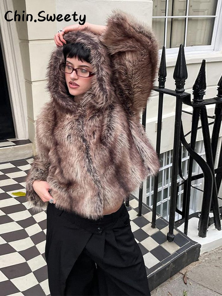 Warm Women's Hooded Faux Fur Cropped Coats Loose V-neck Full Sleeve Thicken Jacket Female 2025 Autumn Winter Lady Luxury Outwear