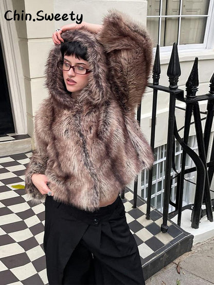 Warm Women's Hooded Faux Fur Cropped Coats Loose V-neck Full Sleeve Thicken Jacket Female 2025 Autumn Winter Lady Luxury Outwear