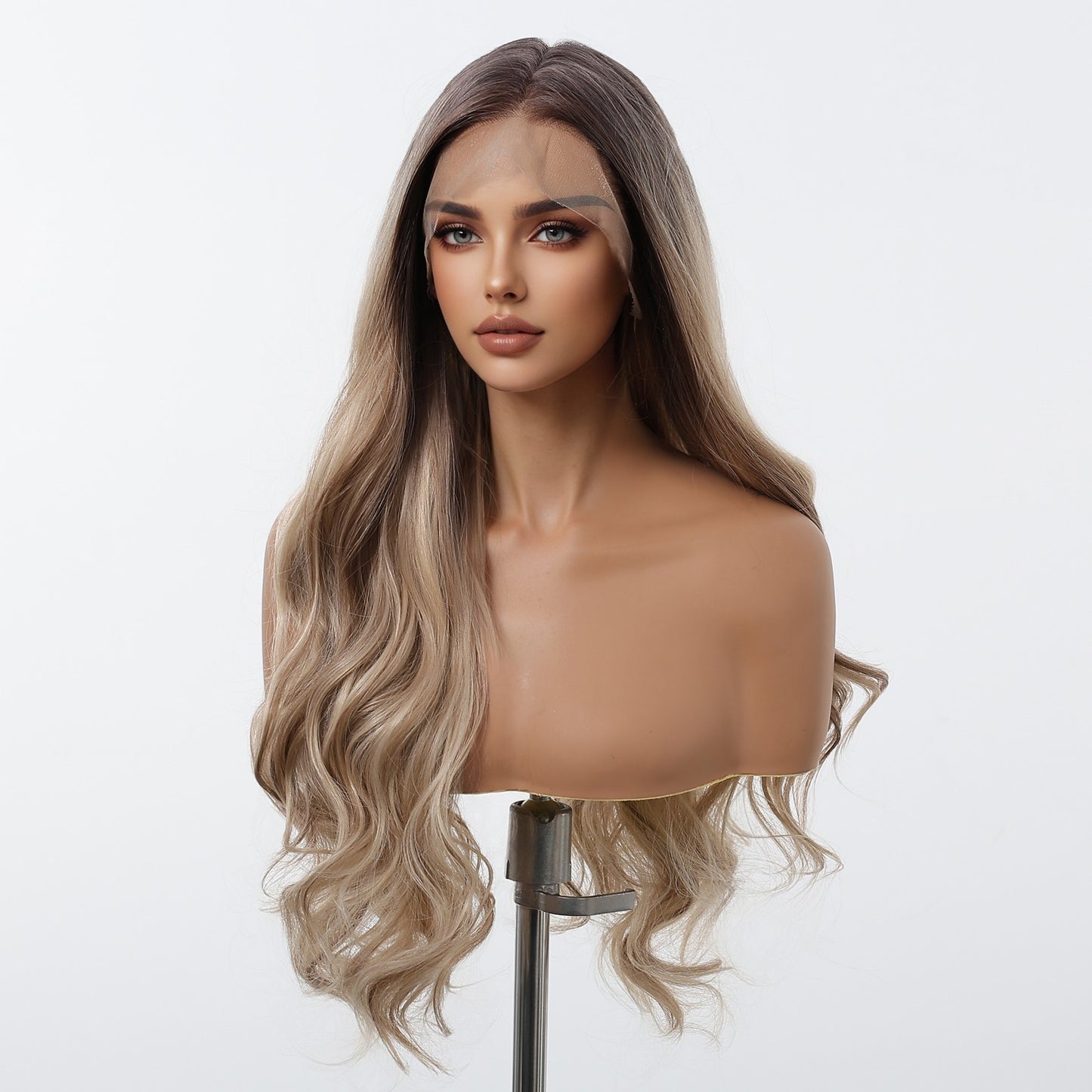 HENRY MARGU Peruca Frontal Lisa Ondulada Marrom Mista Longa Peruca Sintética Natural Ondulada 13x4 Frontal de Renda Cabelo Falso para Mulheres Raiz Escura