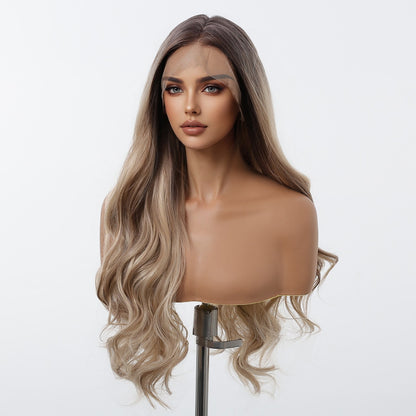 HENRY MARGU Peruca Frontal Lisa Ondulada Marrom Mista Longa Peruca Sintética Natural Ondulada 13x4 Frontal de Renda Cabelo Falso para Mulheres Raiz Escura