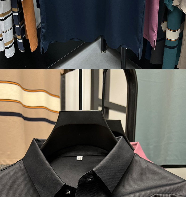 High End Brand New Summer Solid Color Silk Cotton High-quality Short Sleeved Polo Men's Fashionable Business Seamless Casual Top