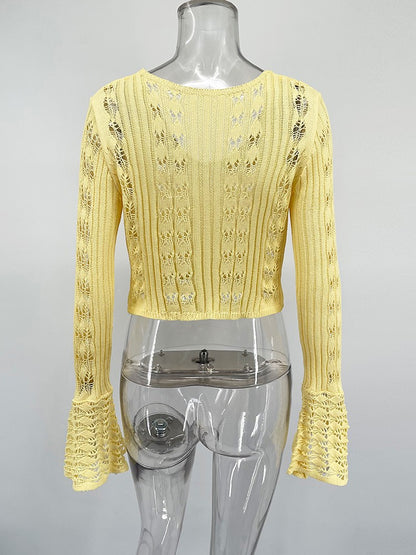 TARUXY Hollow Knitted Cardigan Women's Solid Long Sleeve V Neck Short Sweater Top Summer 2025 New Female Crochet Casual Outwear