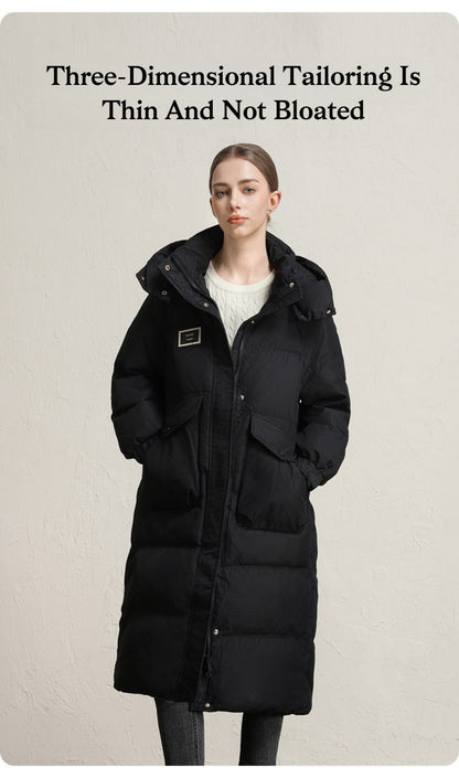 CLARKE QUEEN Long Down Jacket for Women Winter Duck Down Coat Hooded Over-the-Knee Casual Thickened Fitted Padded Puffer Coat
