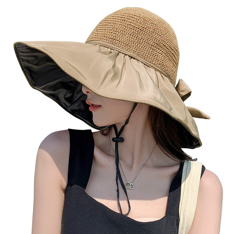Summer Sun hat women's straw woven anti ultraviolet sun visor hat with big brim seaside black glue breathable Bucket hat sun hat