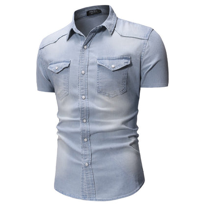 Men Denim Shirts Tops Shirt Short Sleeve Button Turn Down Collar Single Breasted Slim Fit Solid Simple Casual Splice Top 2024