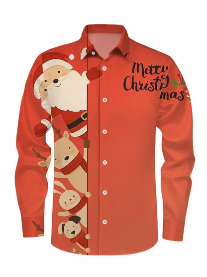 Christmas Men's 3D Printed Formal Shirt Santa Claus Elk Pattern Long Sleeve Shirt Fashion Men's Shirt