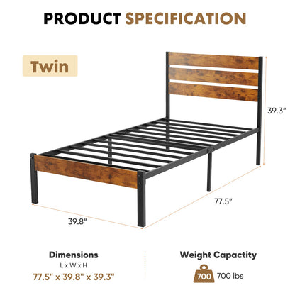 Cama Box de Metal Queen Size JHK com Cabeceira e Peseira e Suporte de Ripas de Madeira Resistente de 800LBS para Quarto e Casa