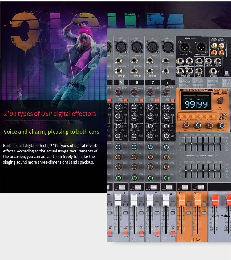 TITumnnl Mixer Digital Profissional de Áudio 18 Canais com Chip DSP Reverb de 99 Bits Bluetooth USB MP3 para Palco, Bar, Estúdio, DJ
