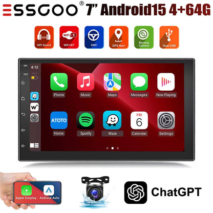 Rádio Estéreo Automotivo de 7/9/10 Polegadas Duplo 2 Din 4+64G Android 15 ChatGpt AI WIFI GPS Navegação FM/RDS Bluetooth SWC Unidade Principal+DVR&AHD