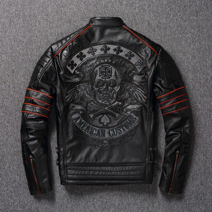 Men's Spring Original Leather Motorcycle Jacket 2025 Skull Embroidery Top Layer Cowhide Clothing Slim Fit Black Slim Male Coat