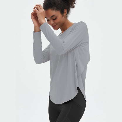 Quick drying Ice Silk Yoga Hoodie Round Neck Loose Breathable Coat Versatile Sports Long Sleeve T-shirt