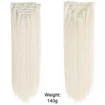7 peças/conjunto de aplique de cabelo com 16 grampos, preto, longo e liso, cabelo natural, aplique de cabelo ombre, fibra resistente ao calor para penteado feminino