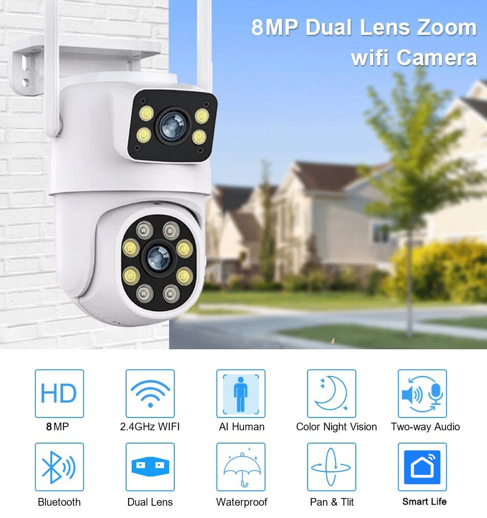 Câmera WIFI PTZ de Lente Dupla Tuya 4K 8MP para Exterior com Tela Dupla Ai Detecção Humana Automática Segurança com Alexa Google