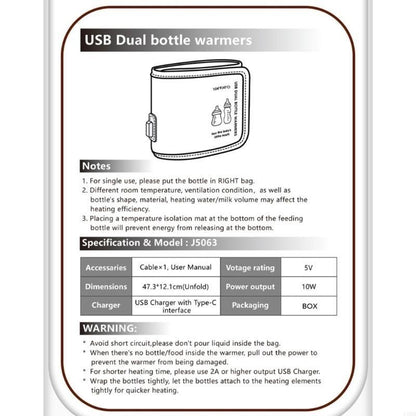 USB Travel Double Bottle Warmer Multifunctional Constant Temperature Cover Case L8RB