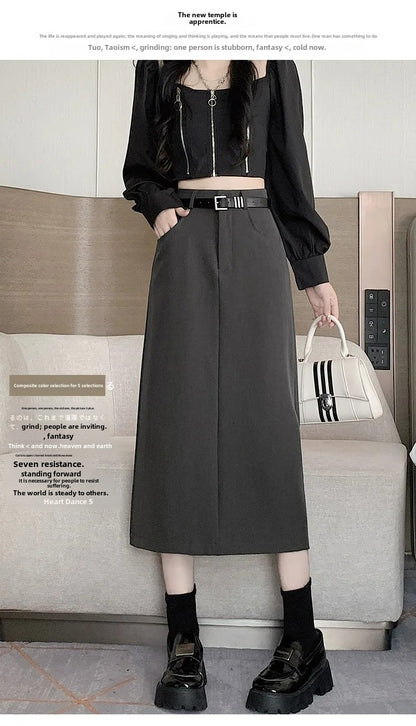 Grey High-waisted A- line Skirt Half Dress Petite Long Dress Autumn/winter For Women Side Slit Workwear
